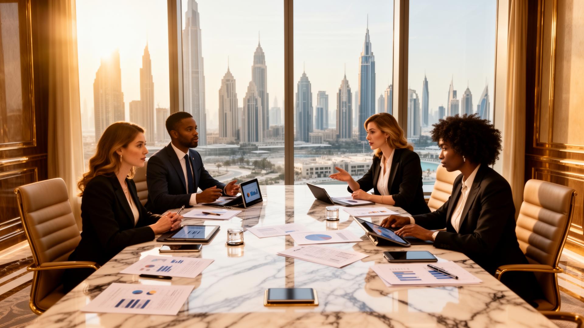 International boardroom meeting in Dubai with skyline view