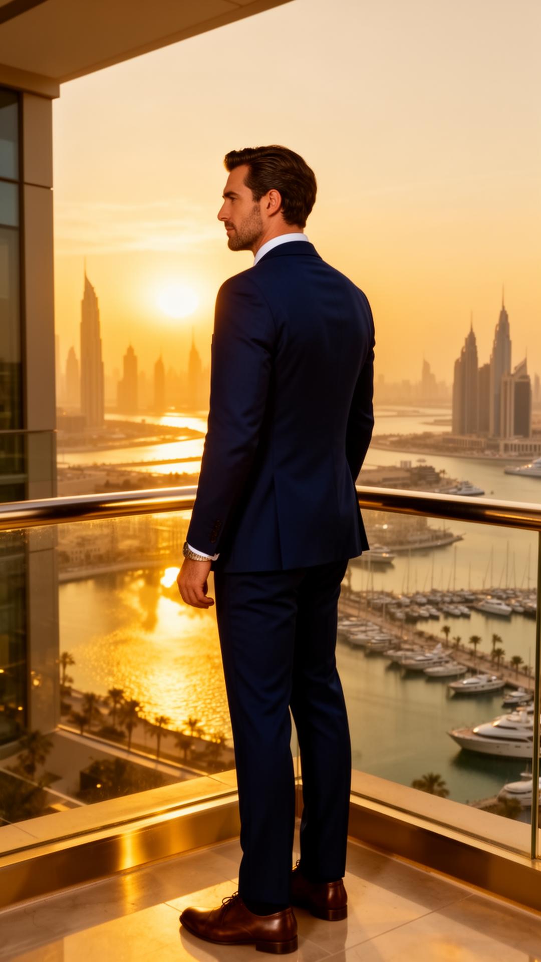 International investor on luxury Dubai penthouse balcony at sunset