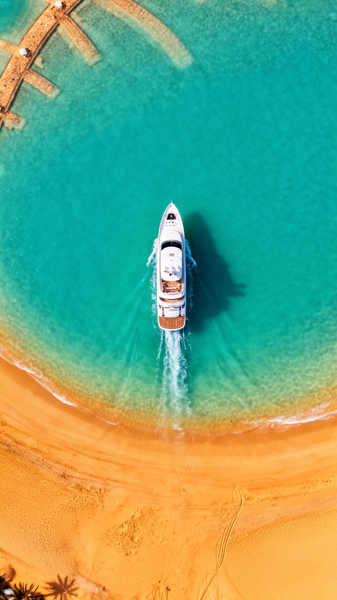 Palm Jumeirah aerial with luxury yacht